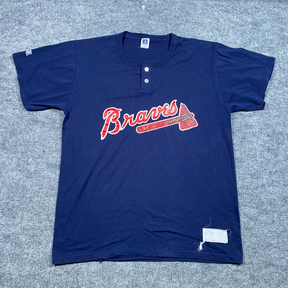 Vintage Russell Athletic Atlanta Braves Henley‎ Shirt Navy Blue XL Made in USA - Picture 1 of 9